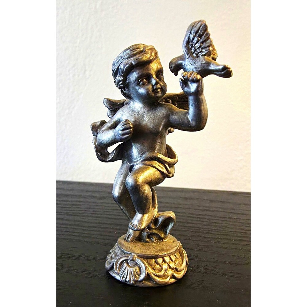 Silver Metal Cherub Angel Figurine w/ Bird 2" Small 3D Effect Metallic